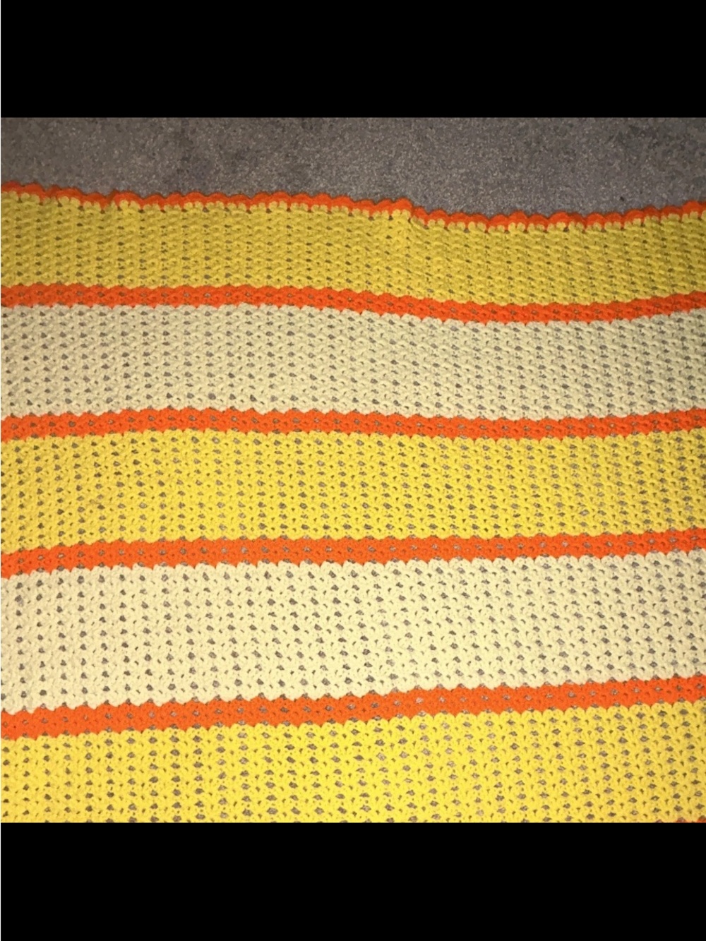 Handmade Yellow & Cream Crochet Throw with Orange Stripe Accent